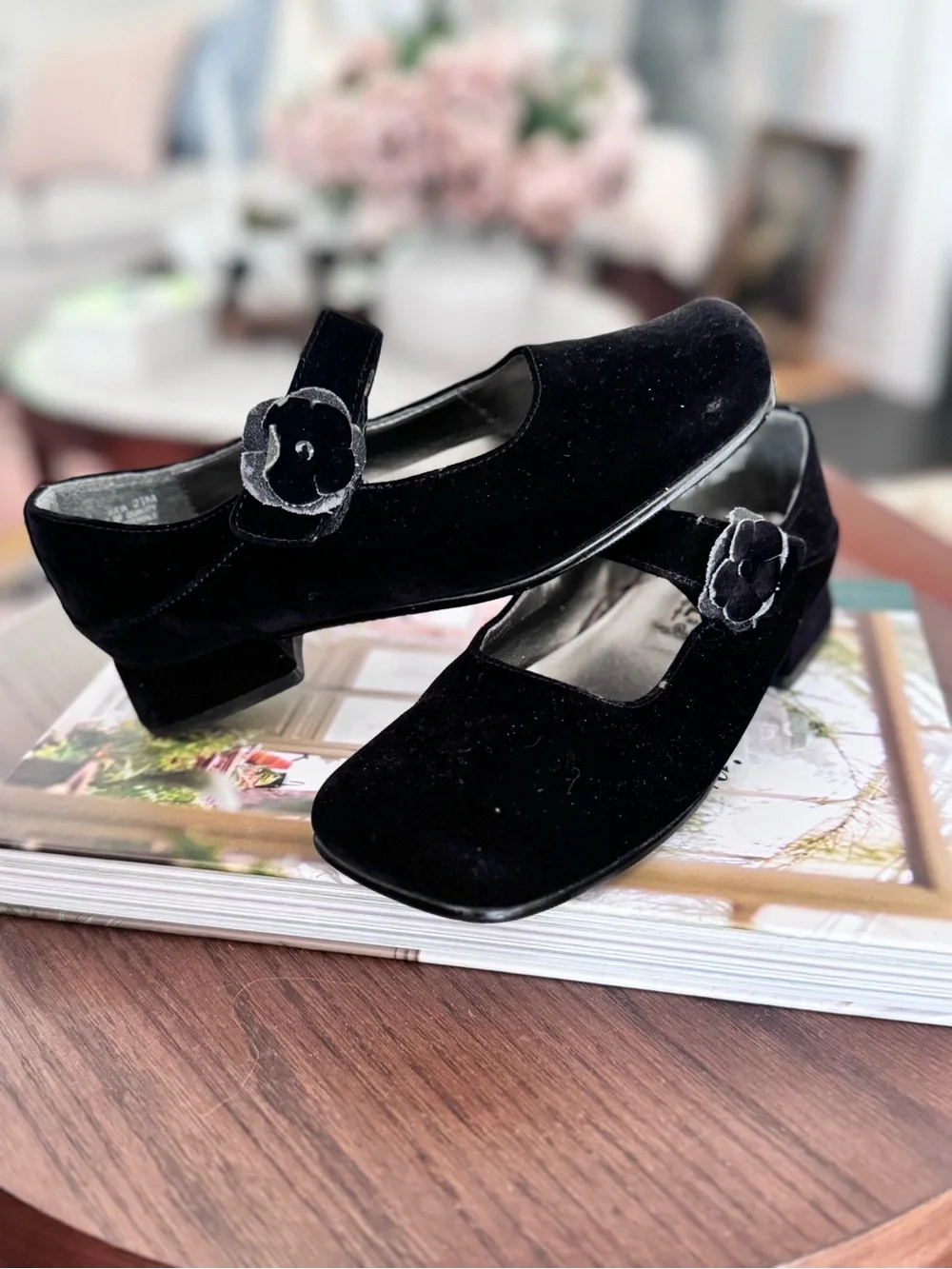 RACHEL  Vintage Black Velvet Mary Jane Flats with Floral Strap Size 2.5M